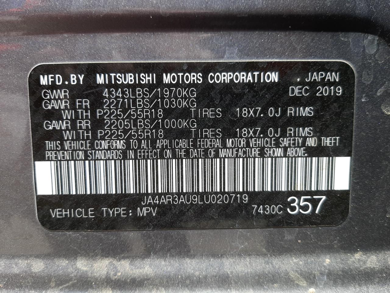 Photo 10 from auction – 2020 MITSUBISHI OUTLANDER with VIN JA4AR3AU9LU020719