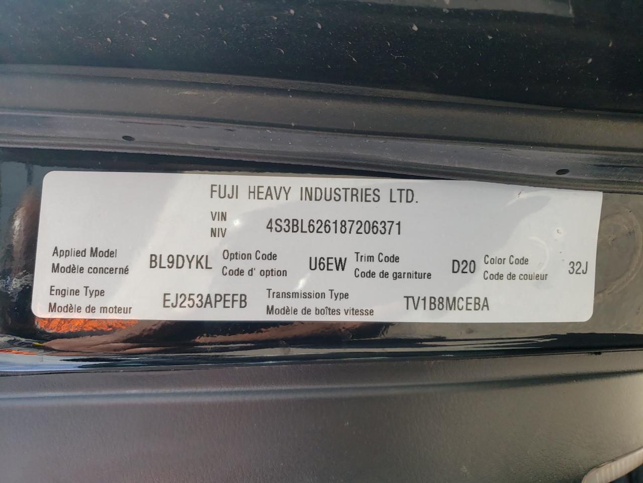 Photo 10 from auction – 2008 SUBARU LEGACY 2.5 with VIN 4S3BL626187206371