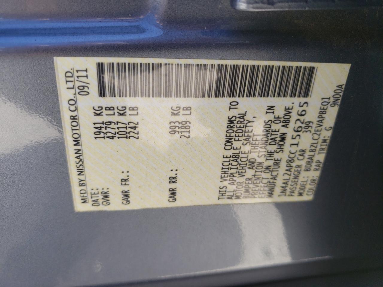 Photo 10 from auction – 2012 NISSAN ALTIMA BAS with VIN 1N4AL2AP8CC156265