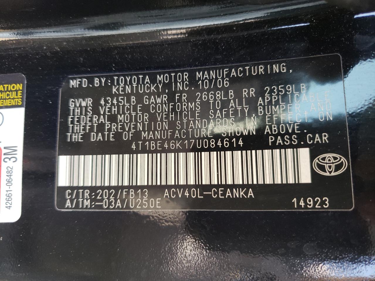 Photo 10 from auction – 2007 TOYOTA CAMRY CE with VIN 4T1BE46K17U084614