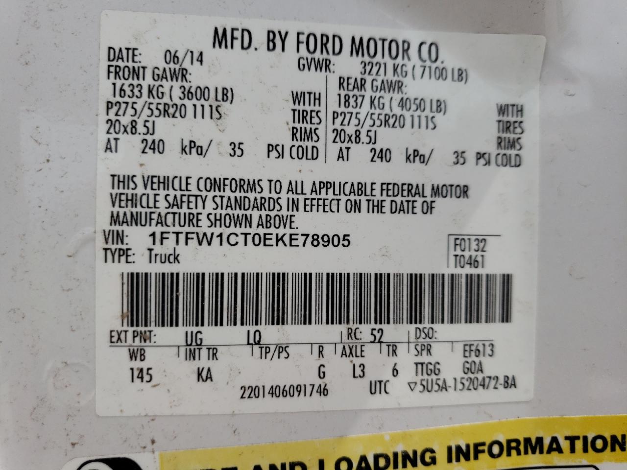Photo 10 from auction – 2014 FORD F150 SUPER with VIN 1FTFW1CT0EKE78905