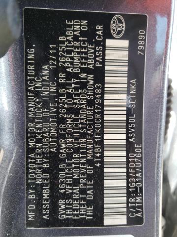 Photo 10 from auction – 2012 TOYOTA CAMRY BASE with VIN 4T4BF1FK0CR179483