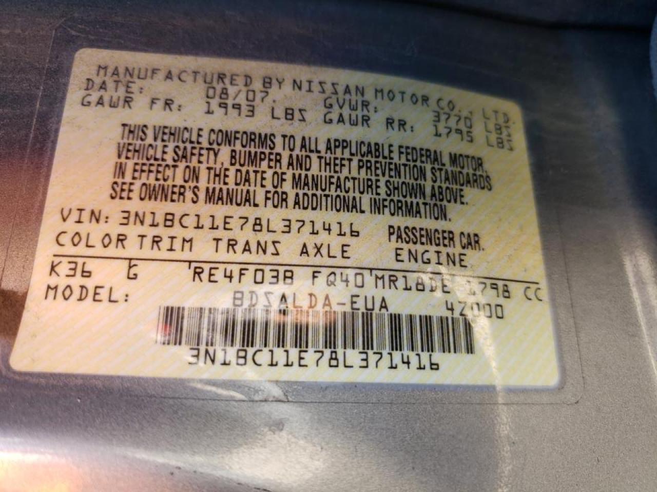 Photo 10 from auction – 2008 NISSAN VERSA S with VIN 3N1BC11E78L371416