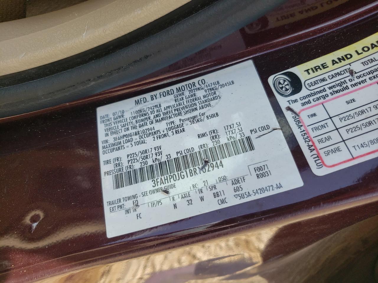 Photo 10 from auction – 2011 FORD FUSION SEL with VIN 3FAHP0JG1BR102944