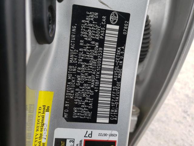 Photo 10 from auction – 2012 TOYOTA CAMRY BASE with VIN 4T1BF1FK1CU092539