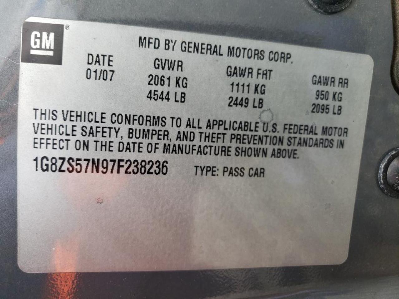 Photo 10 from auction – 2007 SATURN AURA XE with VIN 1G8ZS57N97F238236