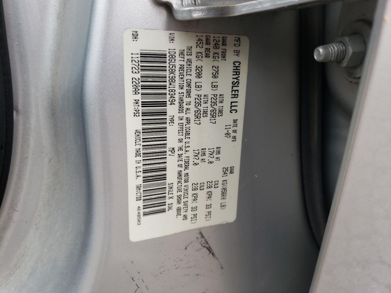 Photo 10 from auction – 2008 DODGE NITRO SLT with VIN 1D8GU58K98W183494