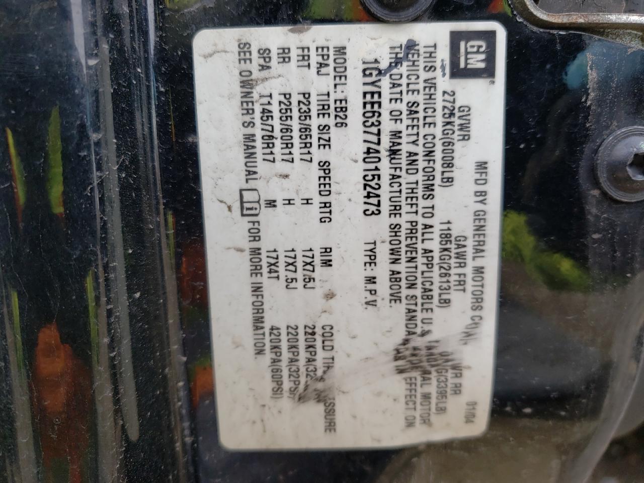 Photo 10 from auction – 2004 CADILLAC SRX with VIN 1GYEE637740152473