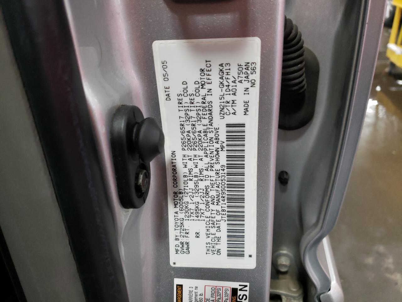 Photo 10 from auction – 2005 TOYOTA 4RUNNER SR with VIN JTEBT14R950053149