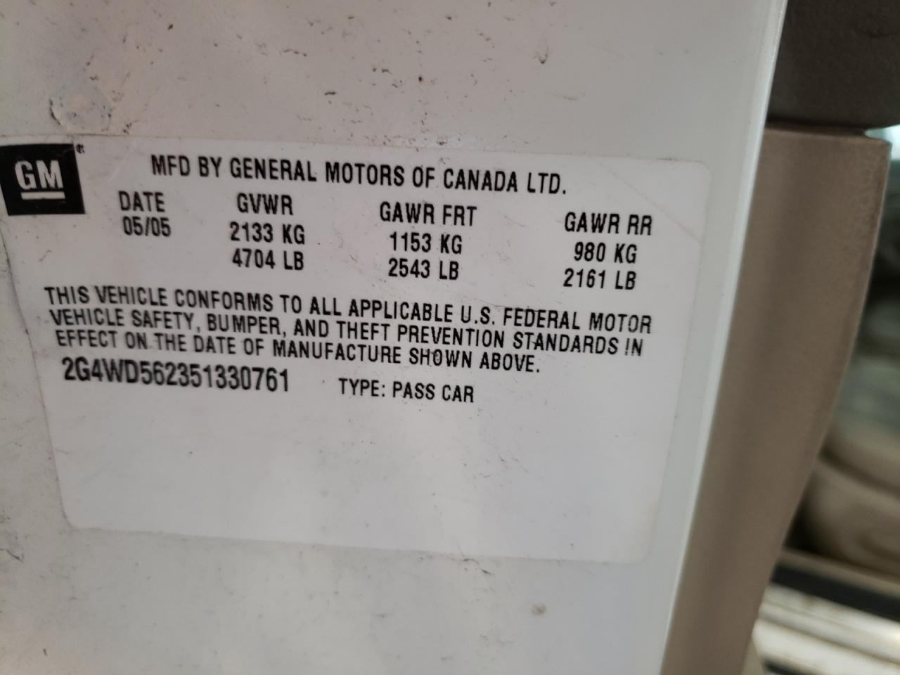 Photo 10 from auction – 2005 BUICK LACROSSE C with VIN 2G4WD562351330761