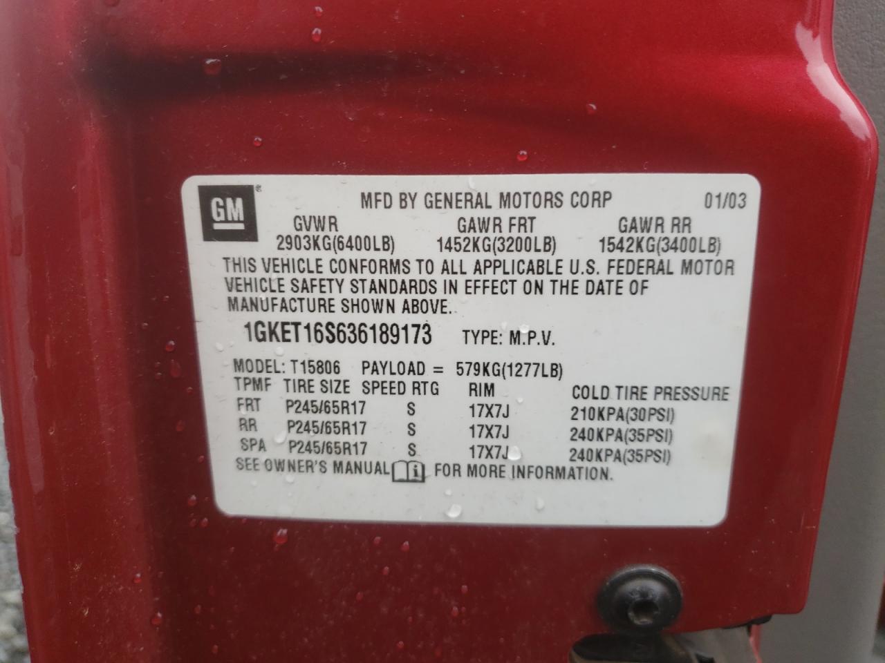 Photo 10 from auction – 2003 GMC ENVOY XL with VIN 1GKET16S636189173