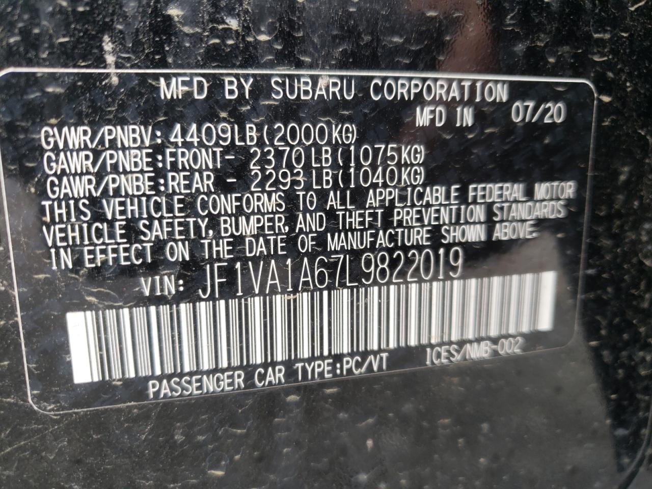Photo 10 from auction – 2020 SUBARU WRX with VIN JF1VA1A67L9822019