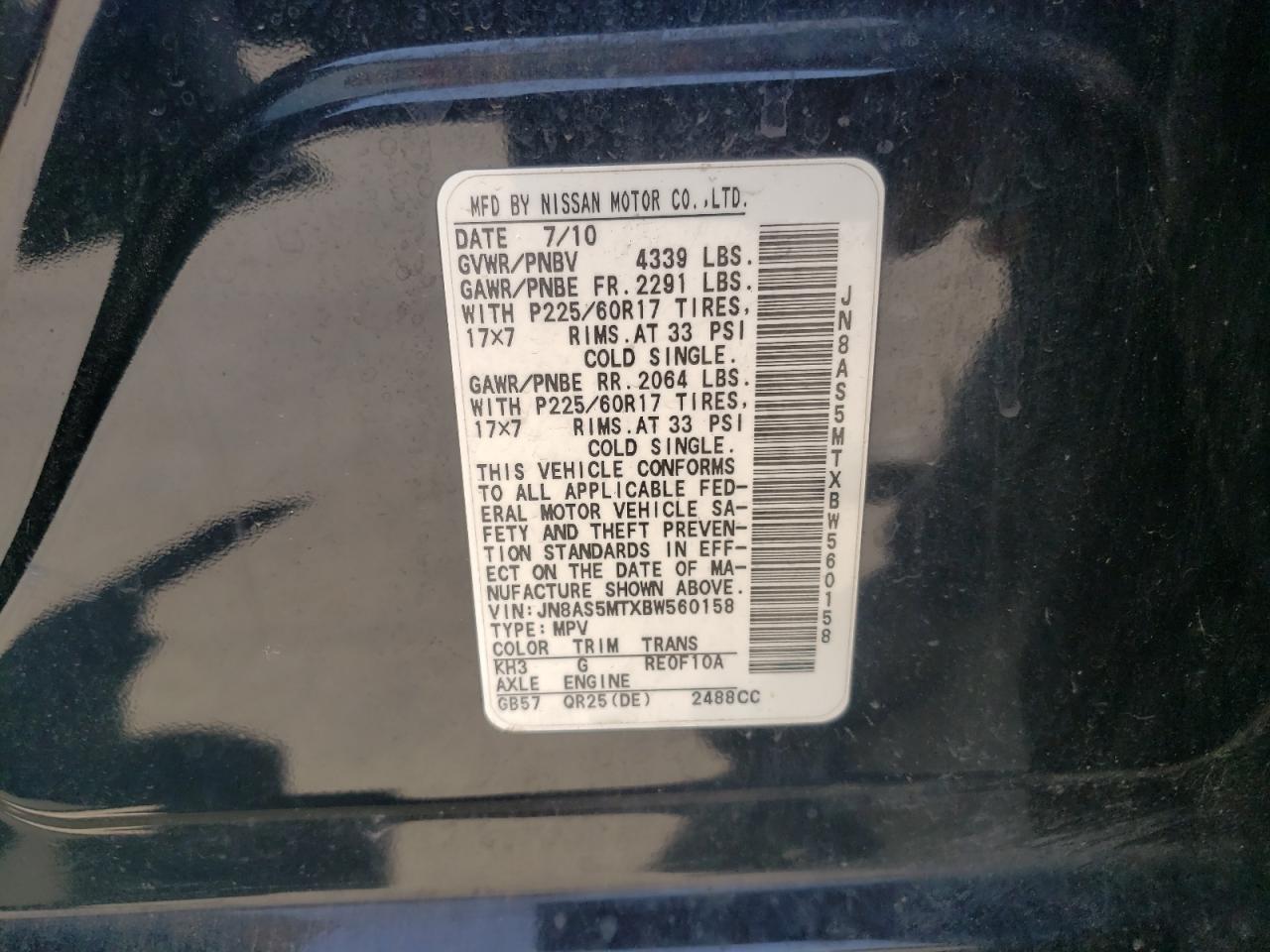 Photo 10 from auction – 2011 NISSAN ROGUE S with VIN JN8AS5MTXBW560158