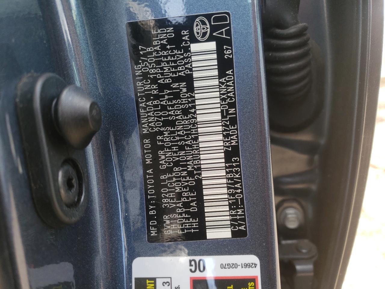 Photo 10 from auction – 2017 TOYOTA COROLLA L with VIN 2T1BURHE1HC924112