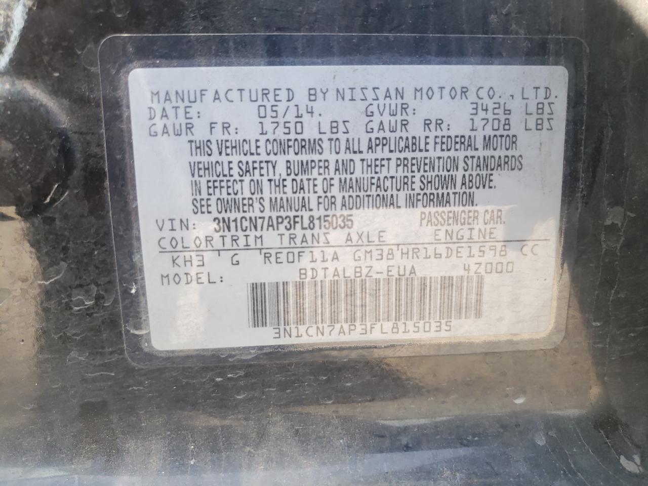 Photo 10 from auction – 2015 NISSAN VERSA S with VIN 3N1CN7AP3FL815035