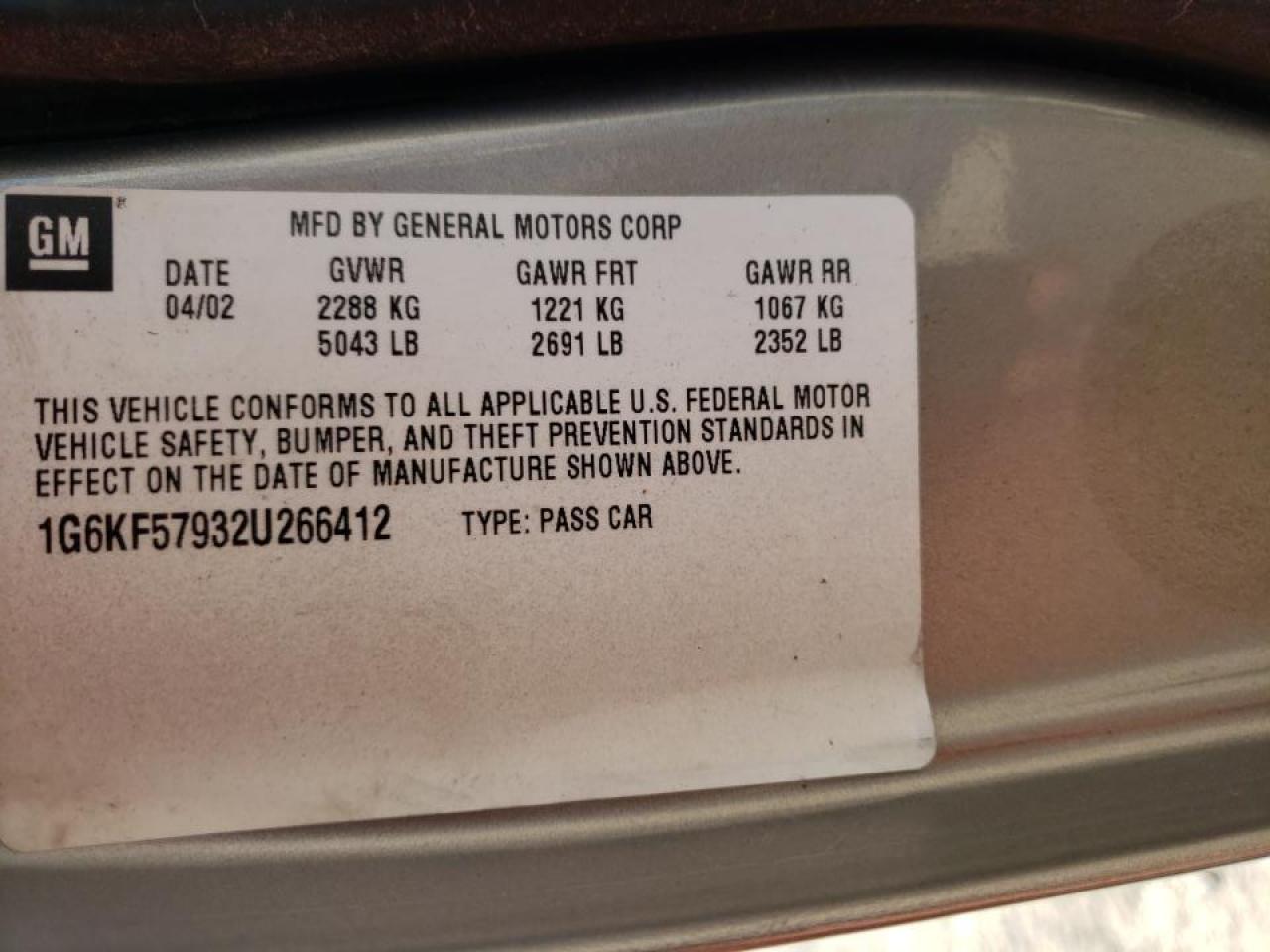 Photo 10 from auction – 2002 CADILLAC DEVILLE DT with VIN 1G6KF57932U266412