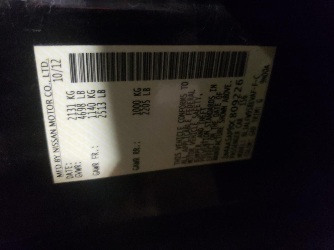 Photo 10 from auction – 2013 NISSAN MAXIMA S with VIN 1N4AA5AP9DC809226