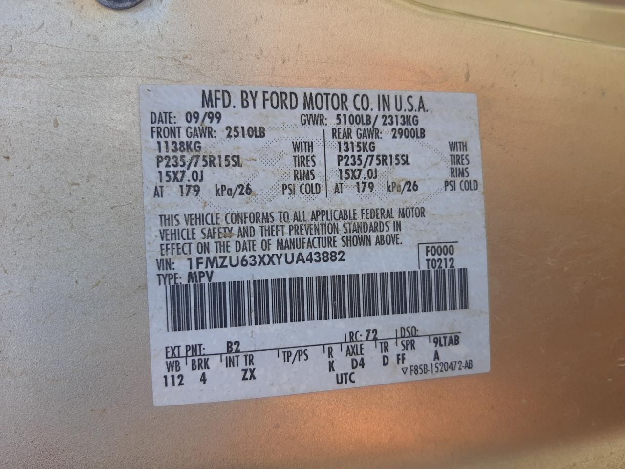 Photo 10 from auction – 2000 FORD EXPLORER X with VIN 1FMZU63XXYUA43882