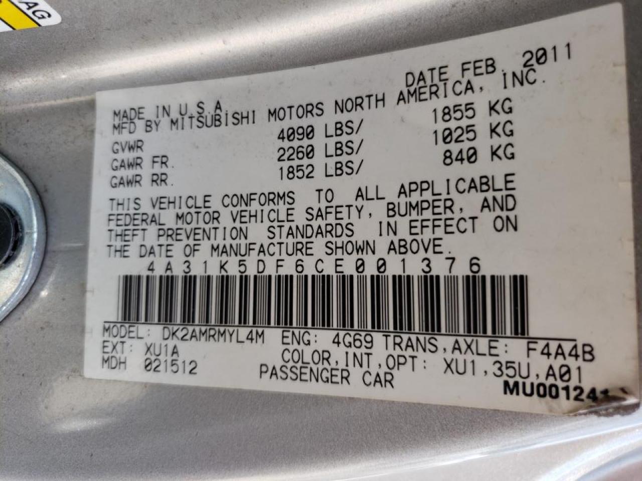 Photo 10 from auction – 2012 MITSUBISHI ECLIPSE GS with VIN 4A31K5DF6CE001376