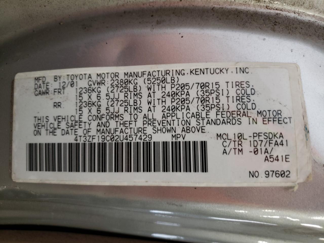 Photo 10 from auction – 2002 TOYOTA SIENNA CE with VIN 4T3ZF19C02U457429