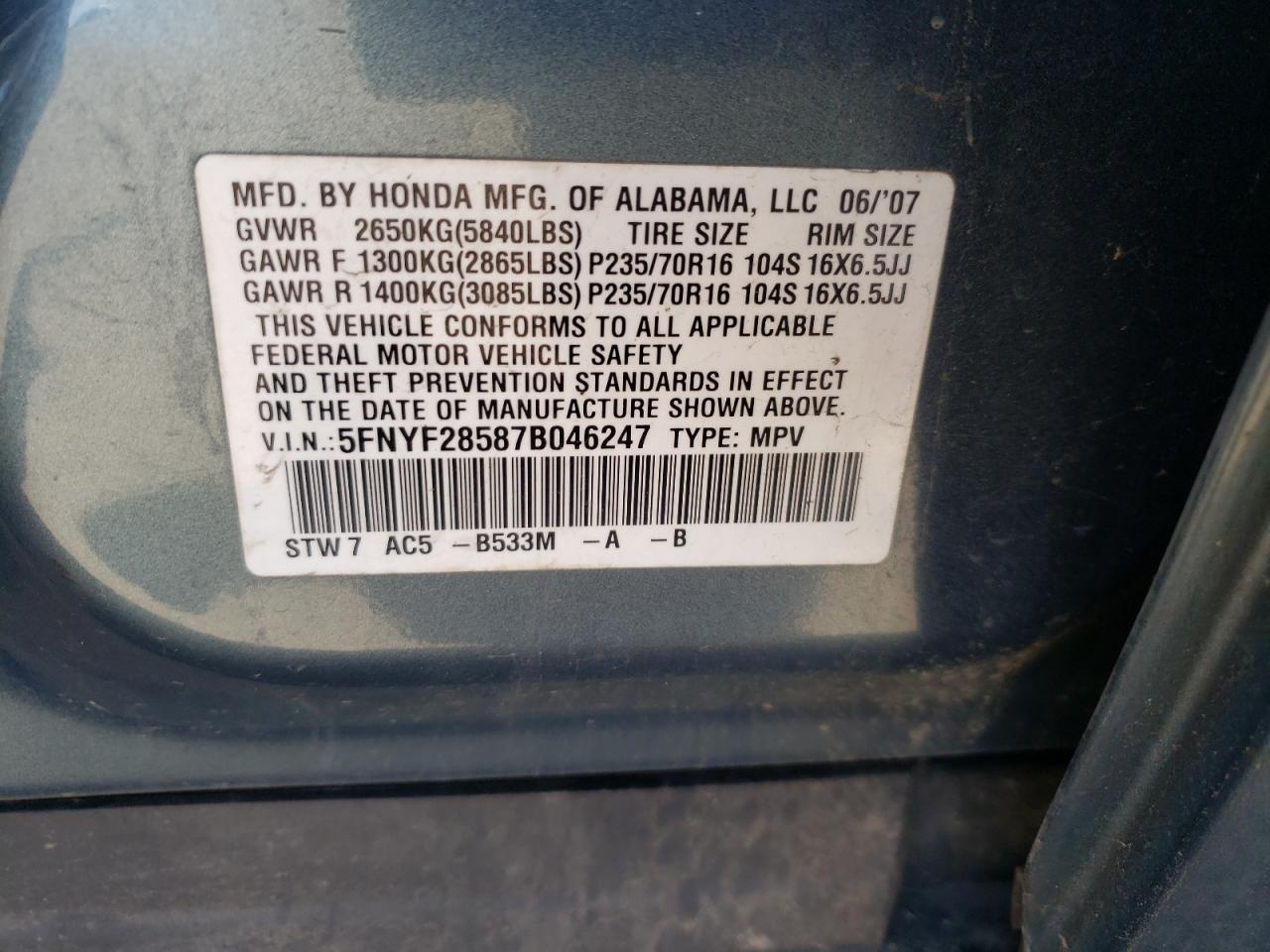 Photo 10 from auction – 2007 HONDA PILOT EXL with VIN 5FNYF28587B046247