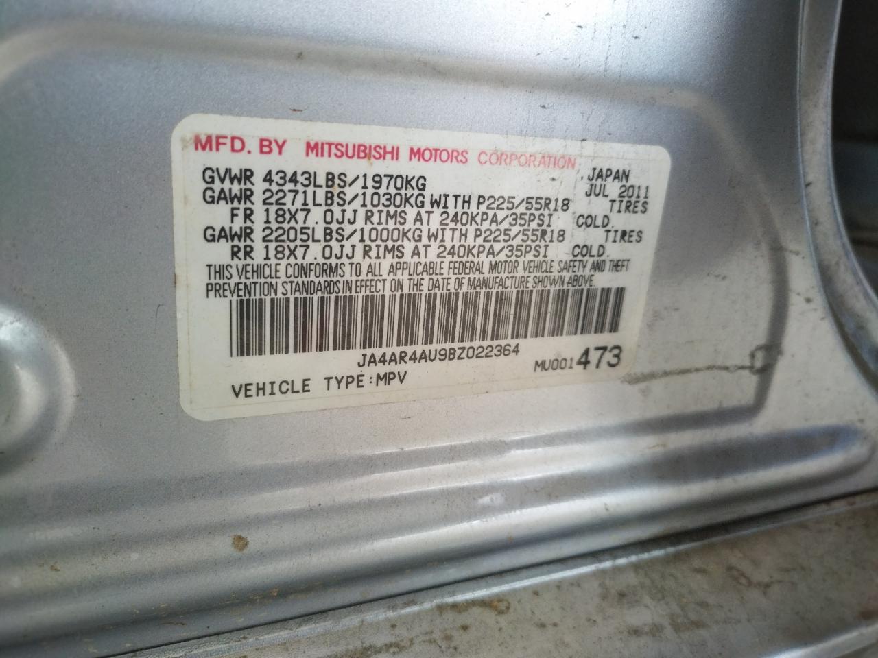 Photo 10 from auction – 2011 MITSUBISHI OUTLANDER with VIN JA4AR4AU9BZ022364
