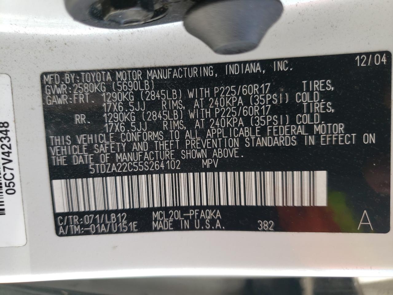 Photo 10 from auction – 2005 TOYOTA SIENNA XLE with VIN 5TDZA22C55S264102