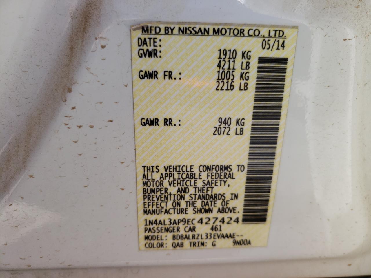 Photo 10 from auction – 2014 NISSAN ALTIMA 2.5 with VIN 1N4AL3AP9EC427424