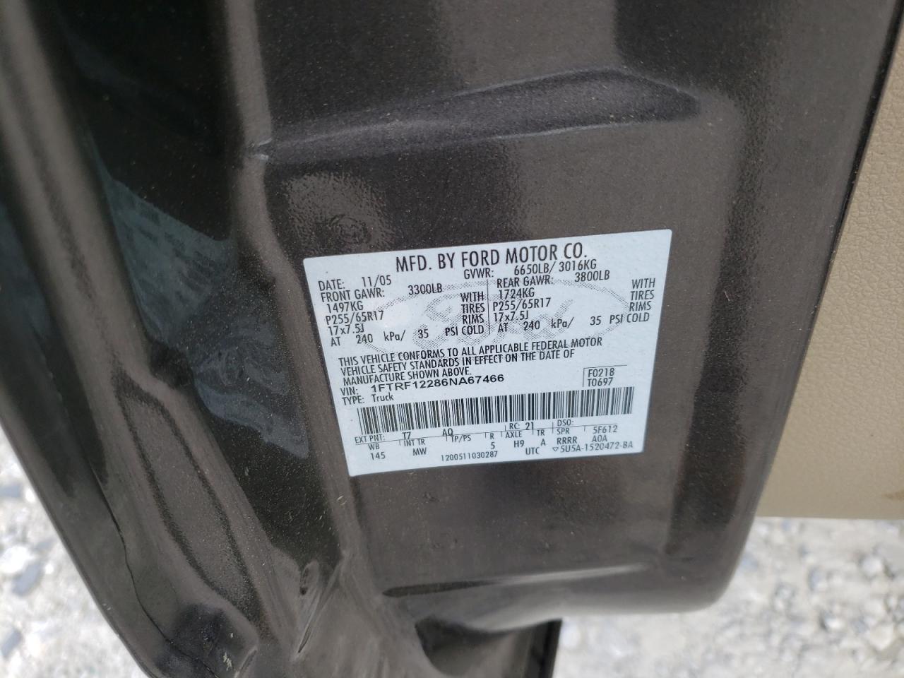 Photo 10 from auction – 2006 FORD F150 with VIN 1FTRF12286NA67466