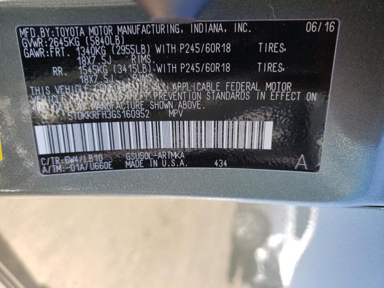 Photo 10 from auction – 2016 TOYOTA HIGHLANDER with VIN 5TDKKRFH3GS160952