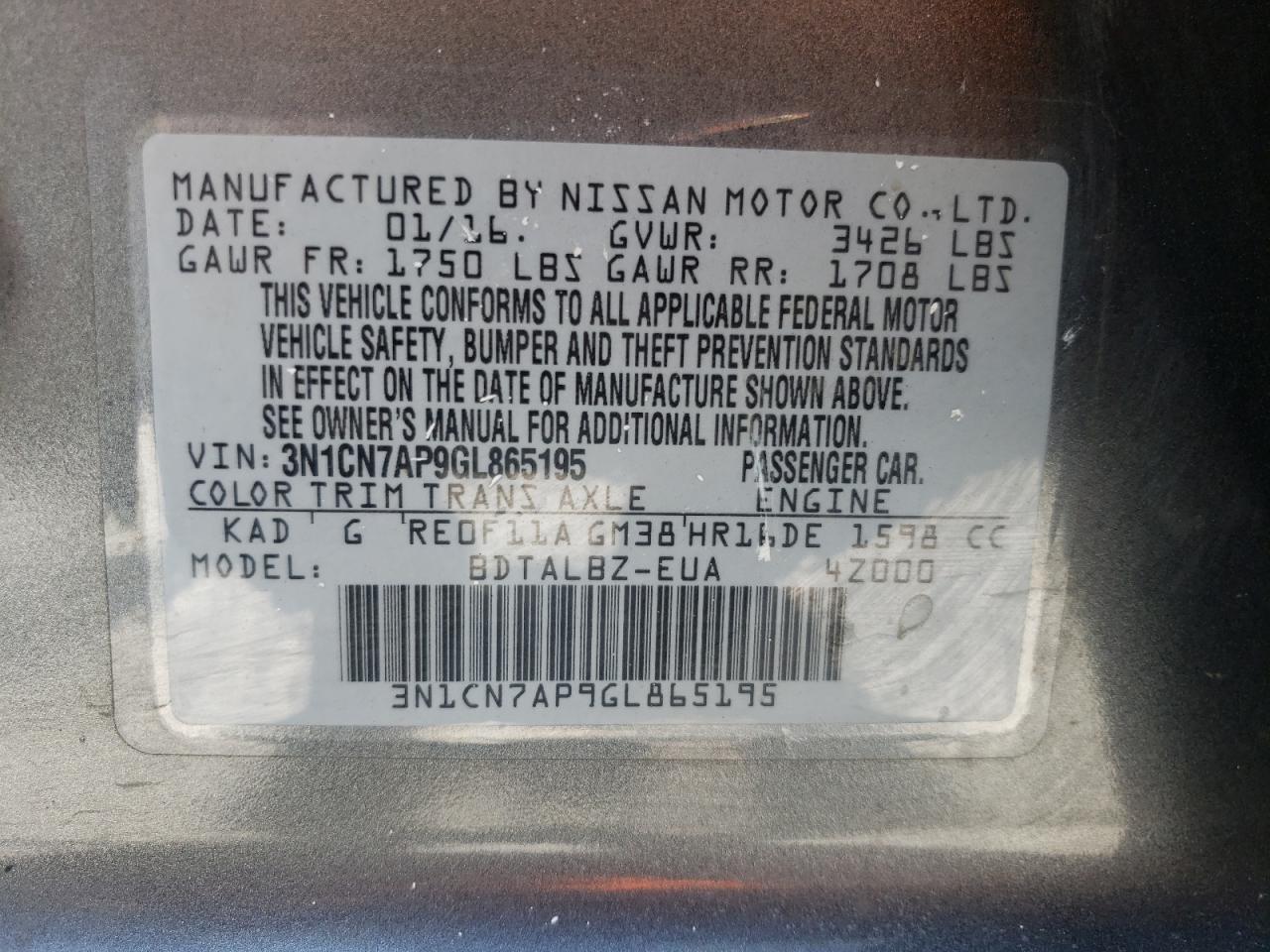 Photo 10 from auction – 2016 NISSAN VERSA with VIN 3N1CN7AP9GL865195