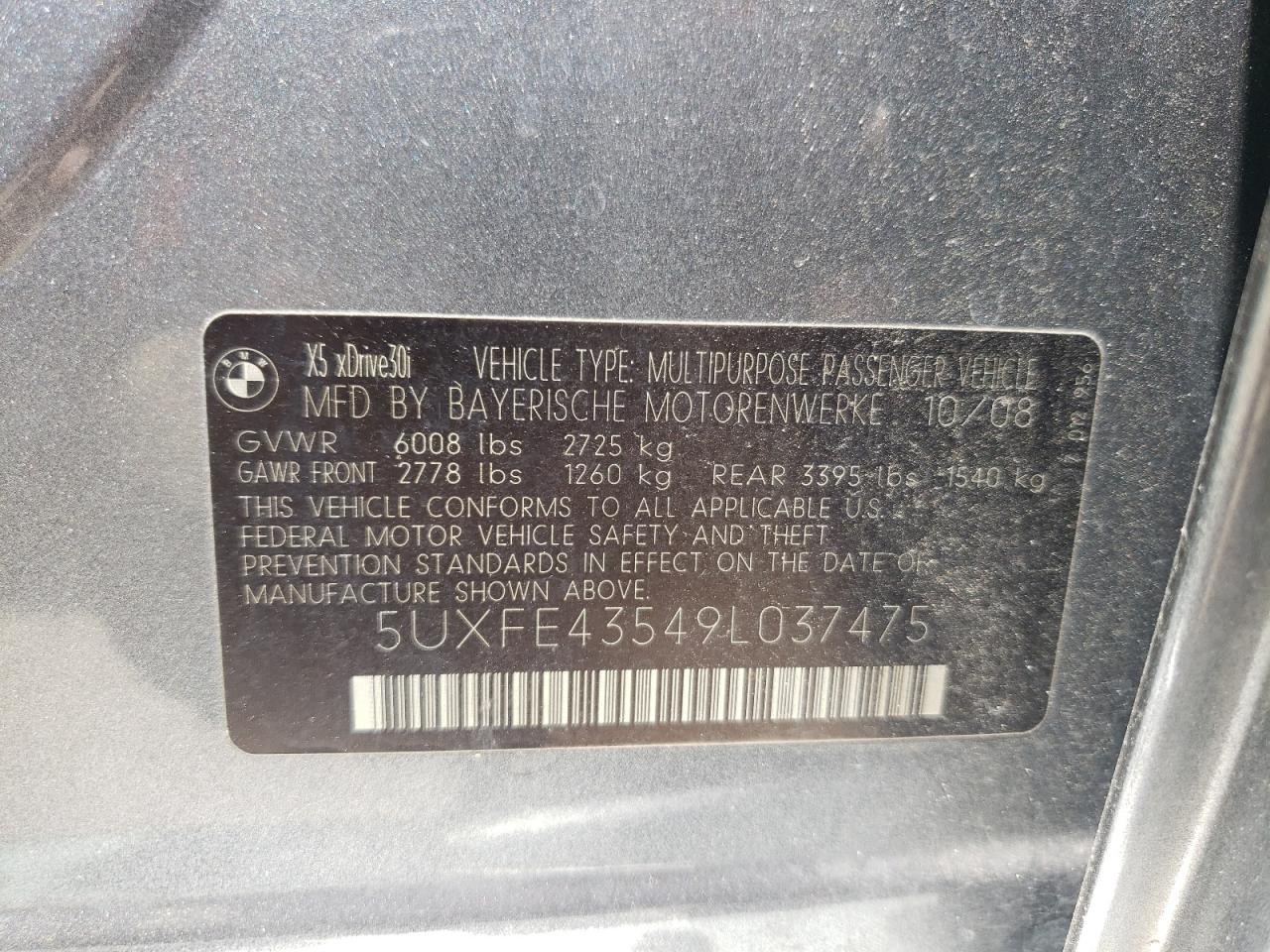 Photo 10 from auction – 2009 BMW X5 XDRIVE3 with VIN 5UXFE43549L037475
