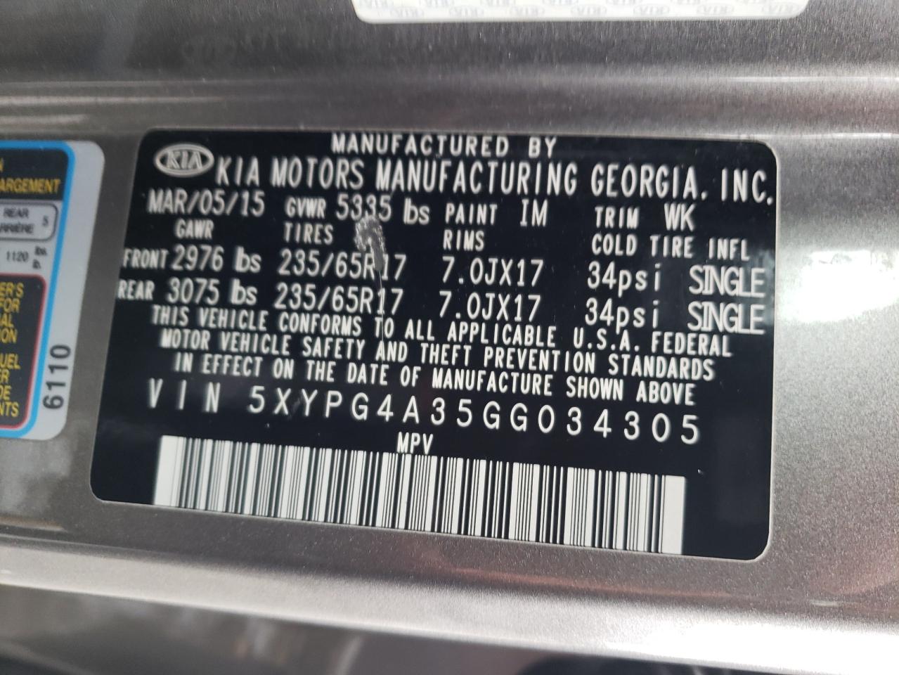 Photo 10 from auction – 2016 KIA SORENTO LX with VIN 5XYPG4A35GG034305
