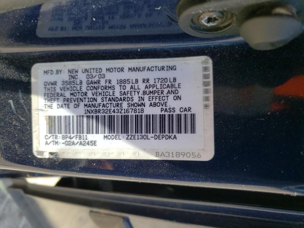 Photo 10 from auction – 2003 TOYOTA COROLLA CE with VIN 1NXBR32E43Z167818