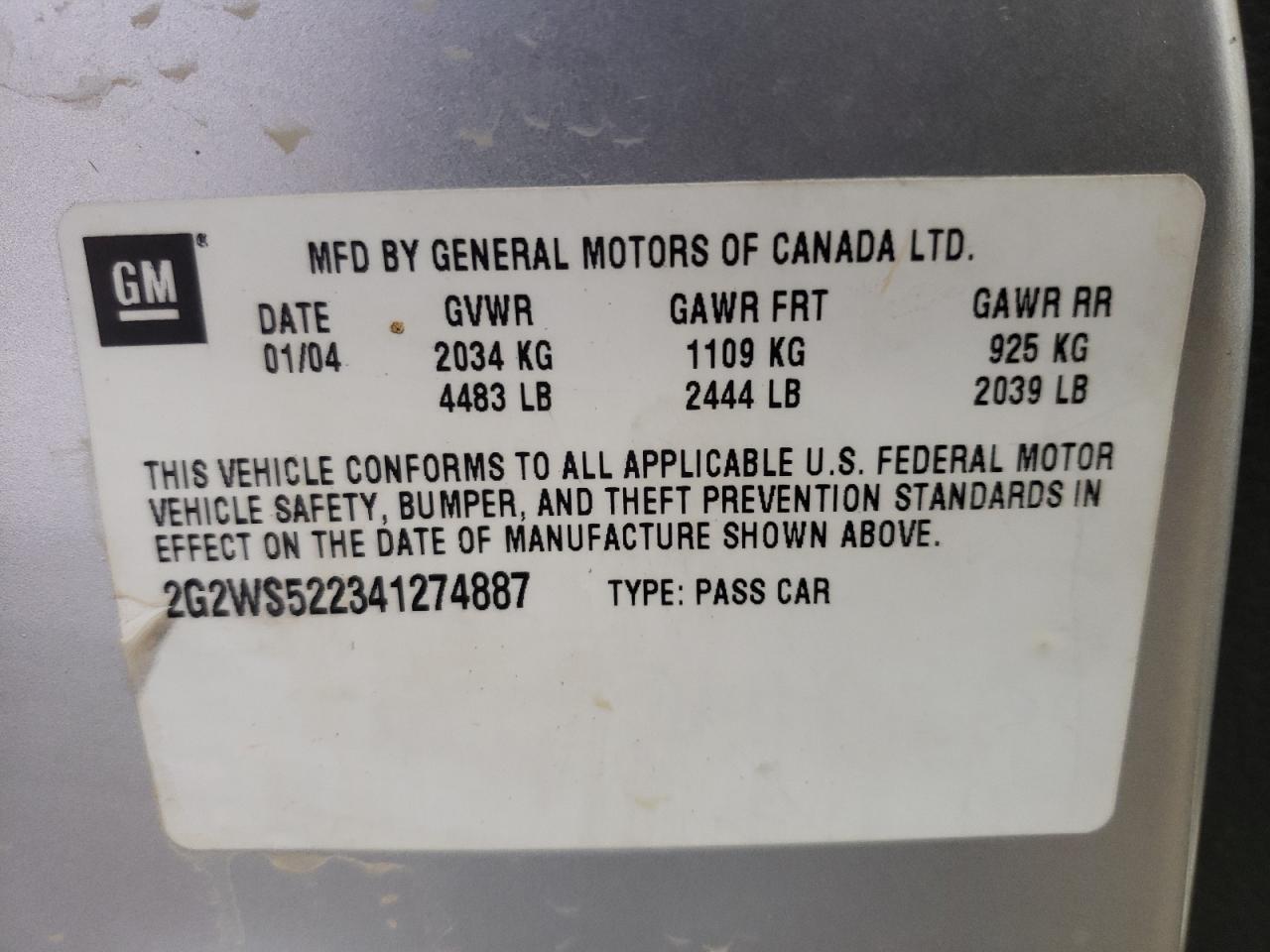 Photo 10 from auction – 2004 PONTIAC GRAN PRIX with VIN 2G2WS522341274887