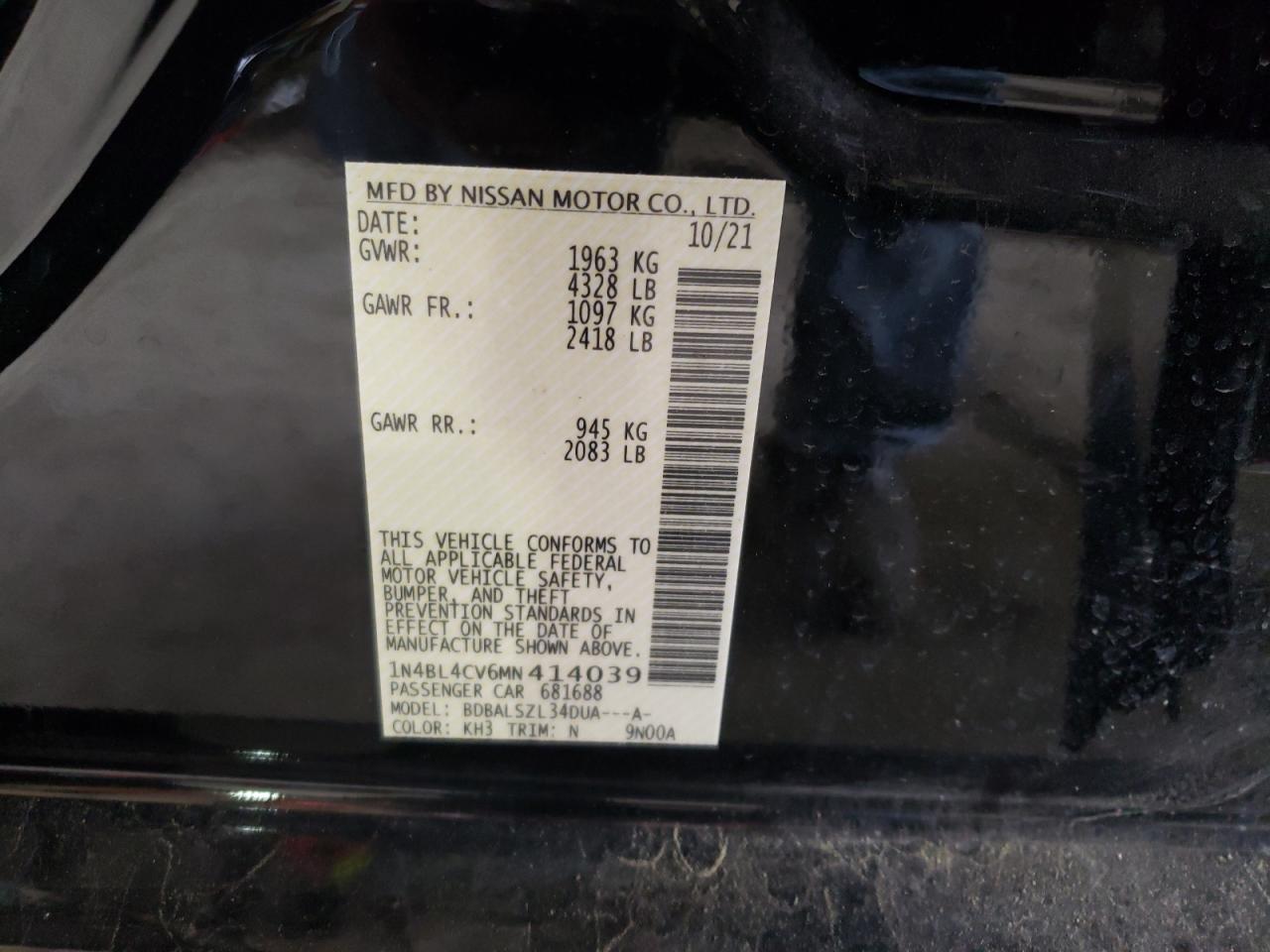 Photo 10 from auction – 2021 NISSAN ALTIMA SR with VIN 1N4BL4CV6MN414039