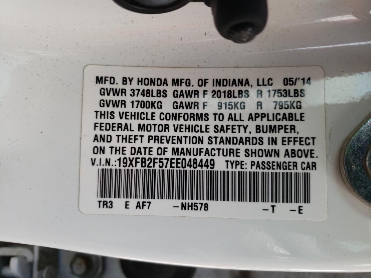 Photo 10 from auction – 2014 HONDA CIVIC LX with VIN 19XFB2F57EE048449