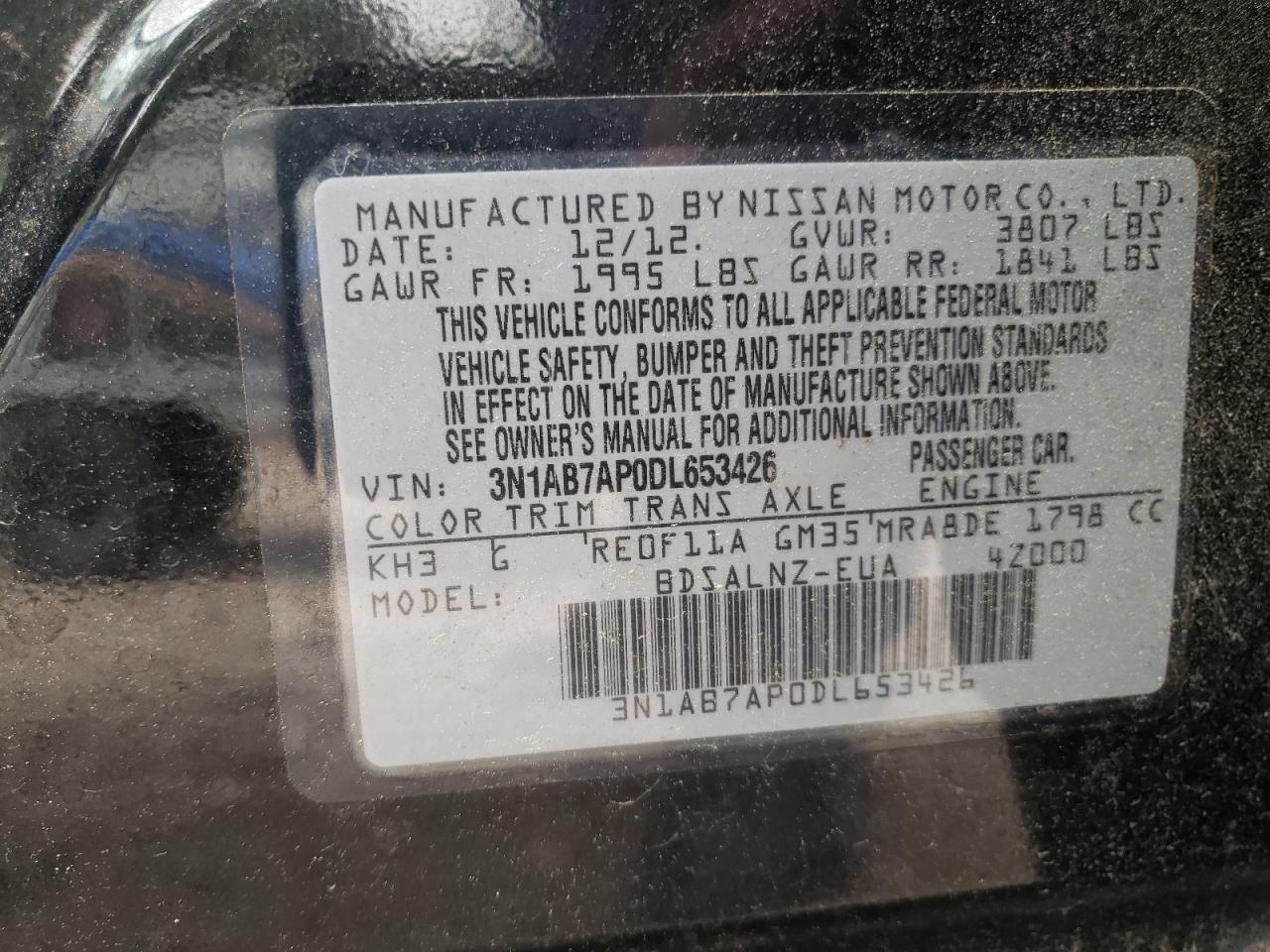 Photo 10 from auction – 2013 NISSAN SENTRA S with VIN 3N1AB7AP0DL653426