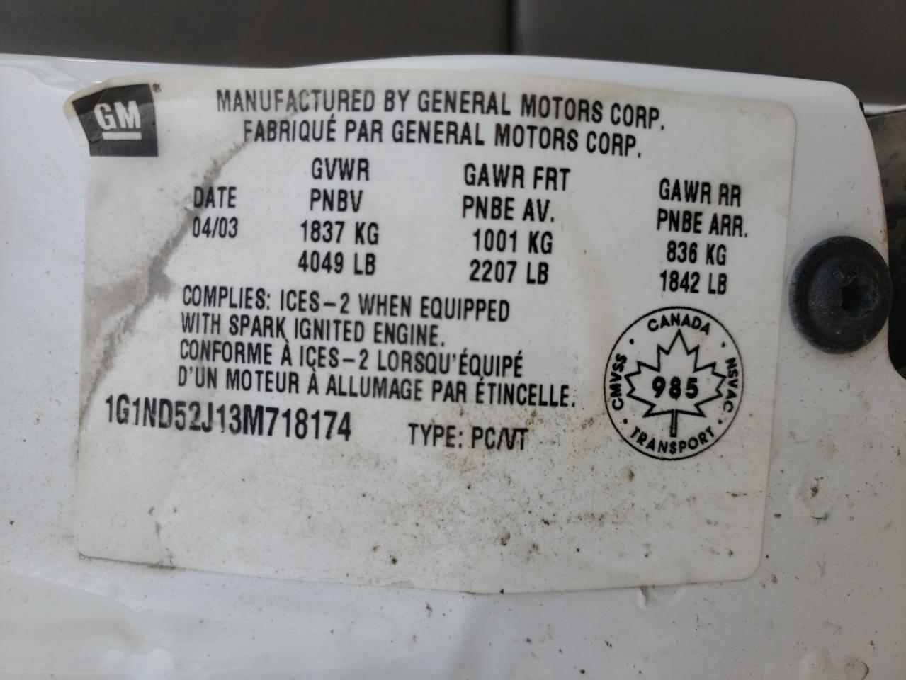 Photo 10 from auction – 2003 CHEVROLET MALIBU with VIN 1G1ND52J13M718174