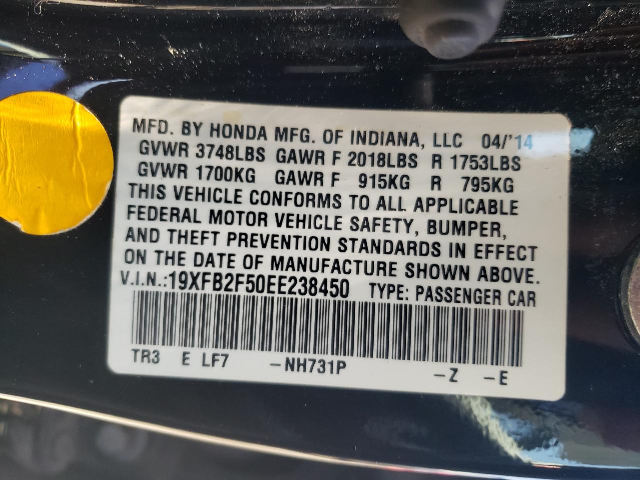 Photo 10 from auction – 2014 HONDA CIVIC LX with VIN 19XFB2F50EE238450