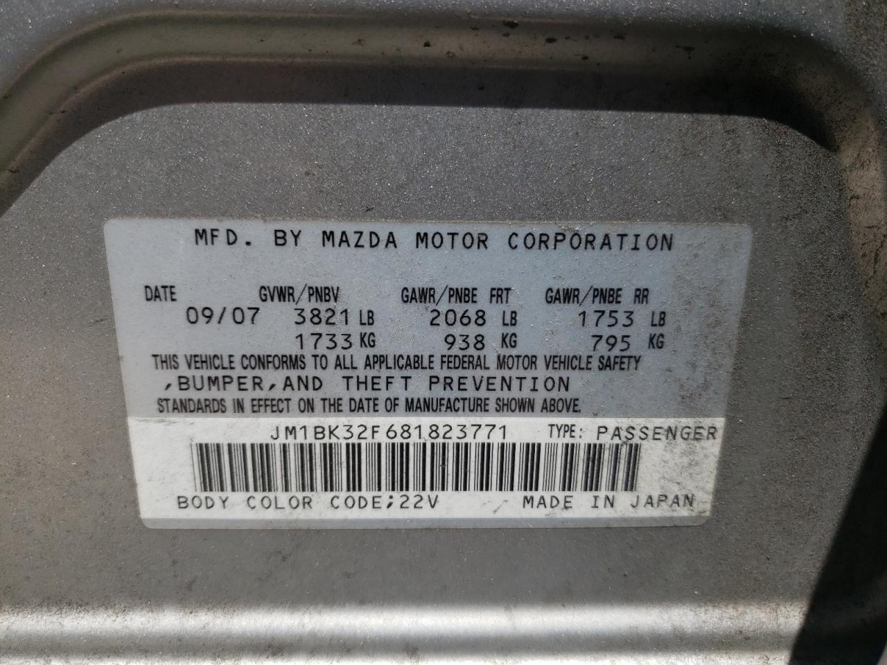 Photo 10 from auction – 2008 MAZDA 3 I with VIN JM1BK32F681823771