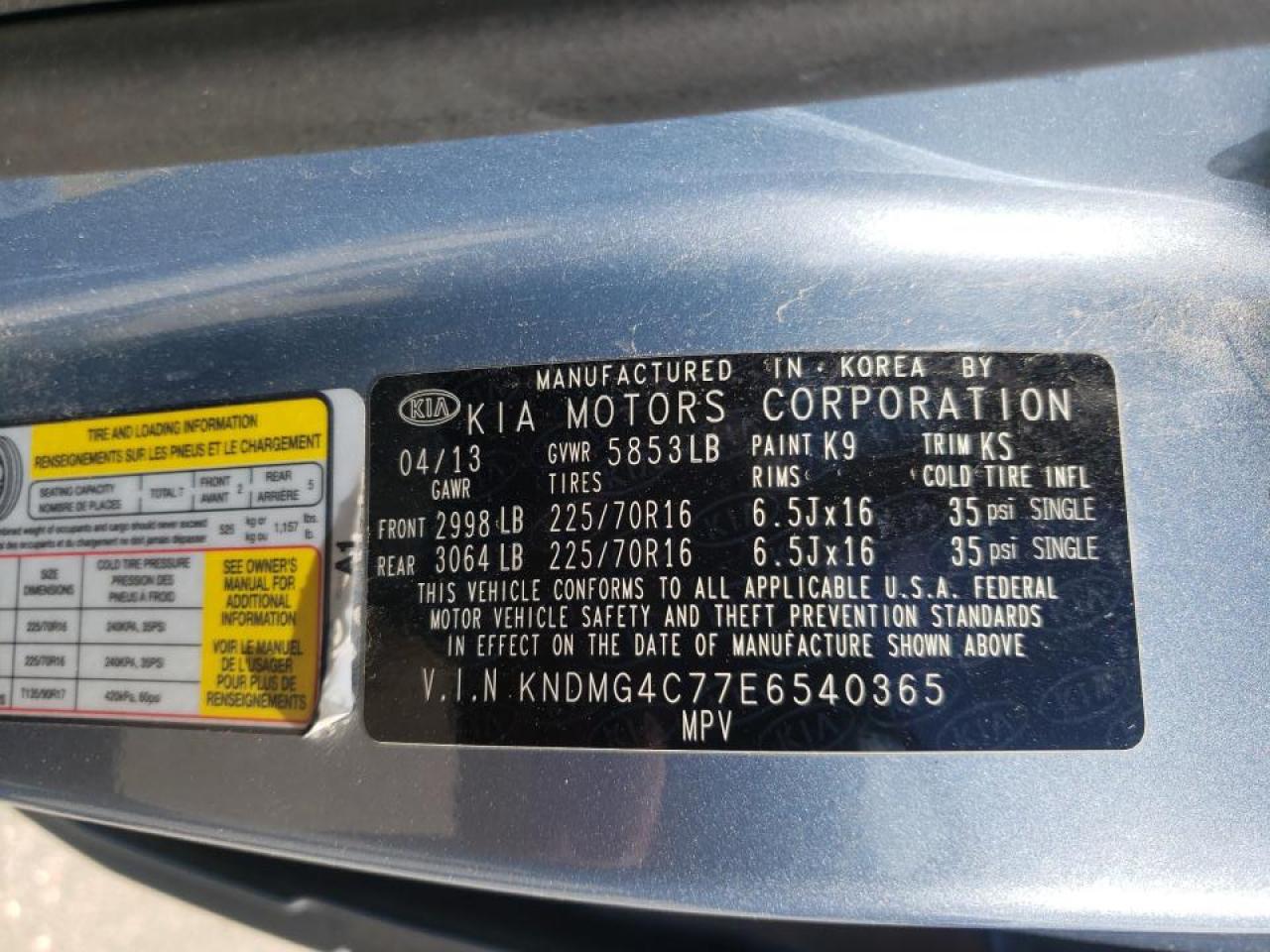Photo 10 from auction – 2014 KIA SEDONA LX with VIN KNDMG4C77E6540365