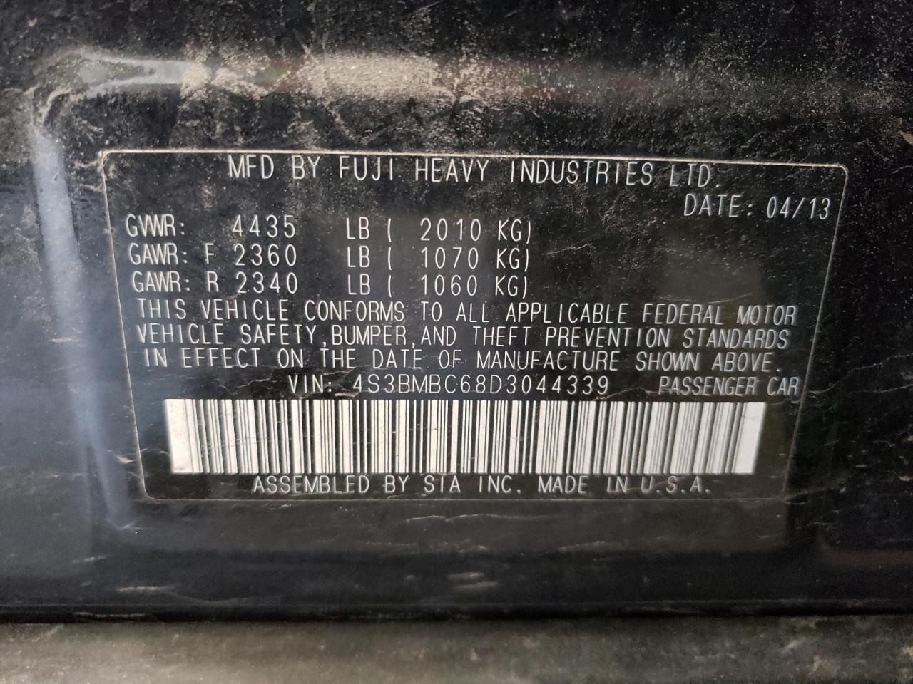 Photo 10 from auction – 2013 SUBARU LEGACY 2.5 with VIN 4S3BMBC68D3044339