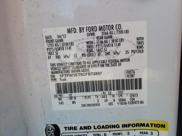 Photo 10 from auction – 2012 FORD F150 SUPER with VIN 1FTFW1ET5CFB72897