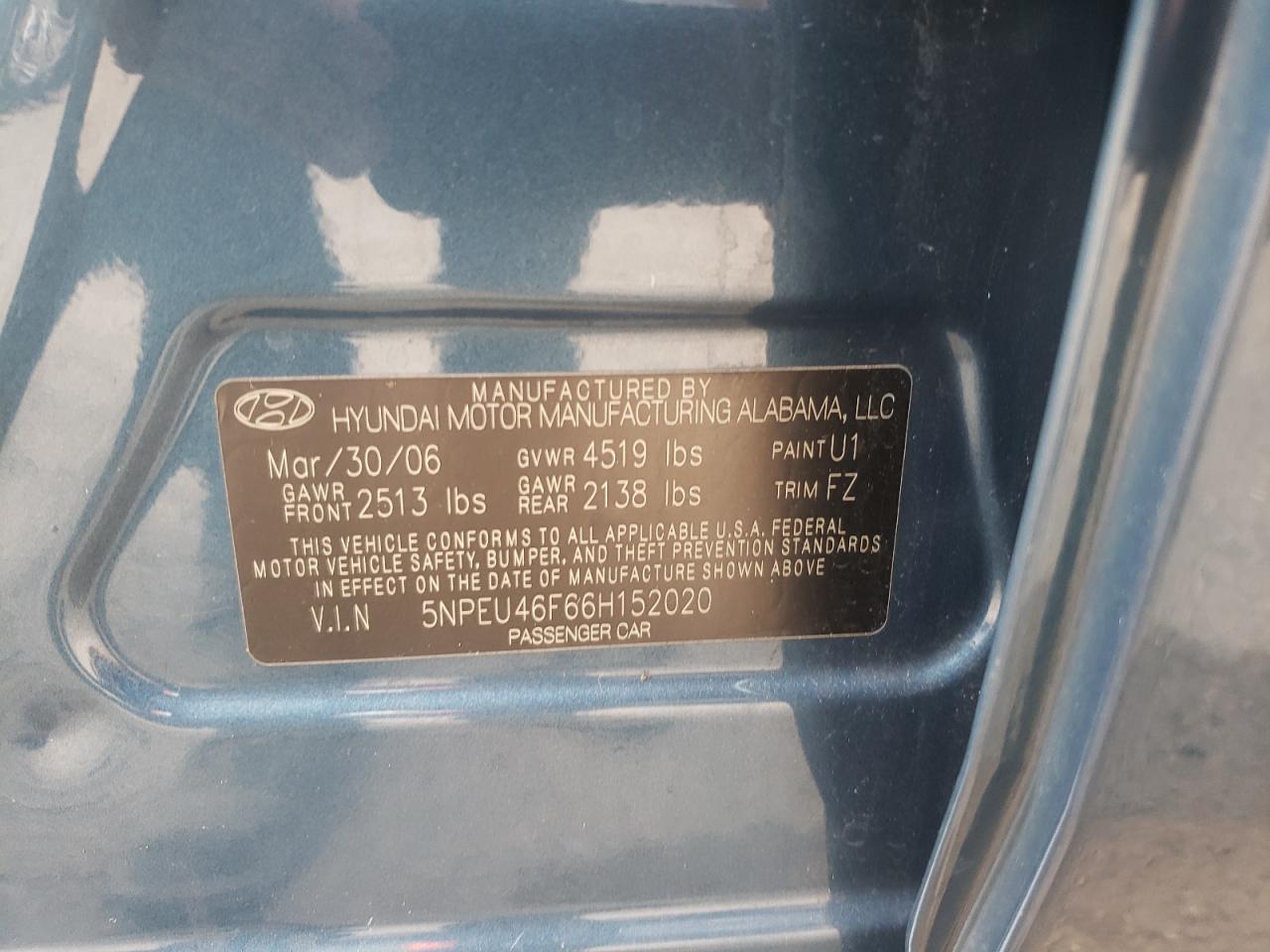Photo 10 from auction – 2006 HYUNDAI SONATA GLS with VIN 5NPEU46F66H152020