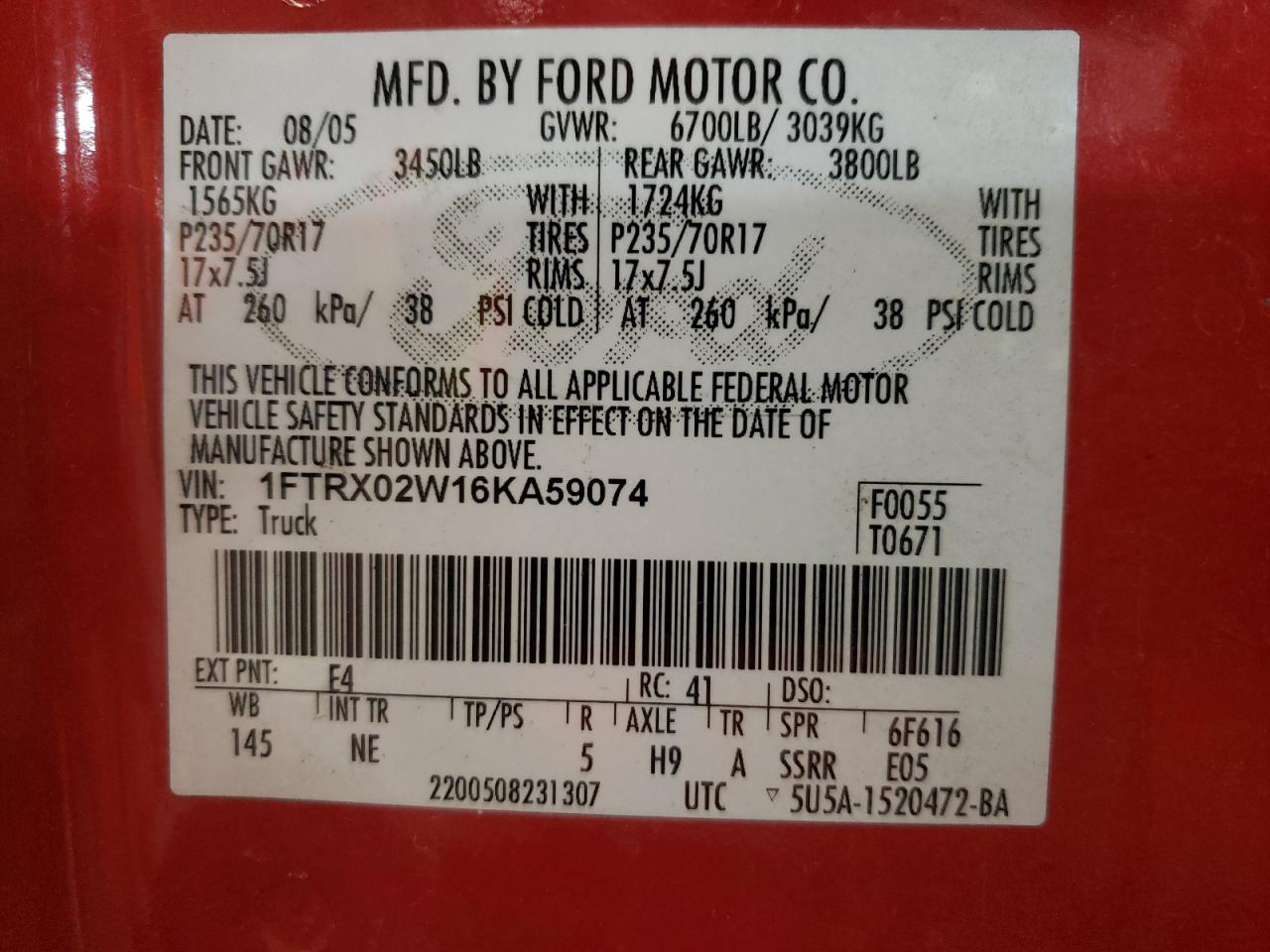 Photo 10 from auction – 2006 FORD F150 with VIN 1FTRX02W16KA59074