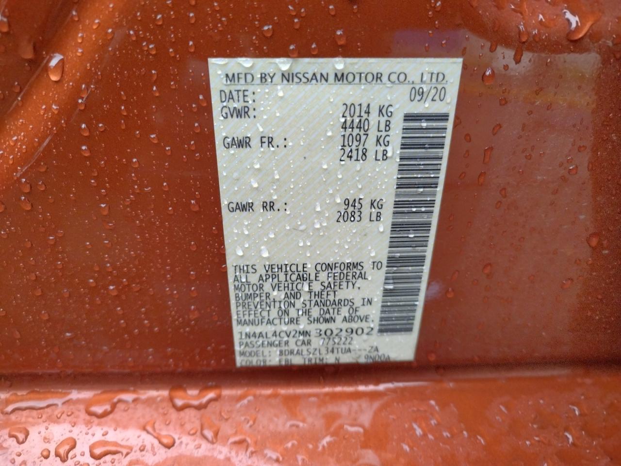 Photo 10 from auction – 2021 NISSAN ALTIMA SR with VIN 1N4AL4CV2MN302902