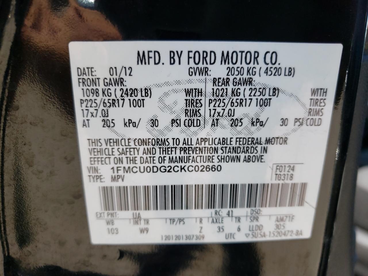 Photo 10 from auction – 2012 FORD ESCAPE XLT with VIN 1FMCU0DG2CKC02660