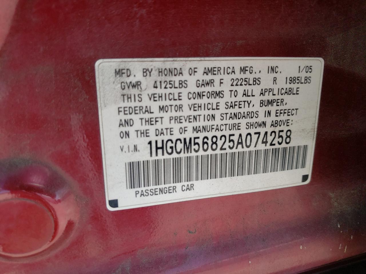 Photo 10 from auction – 2005 HONDA ACCORD EX with VIN 1HGCM56825A074258