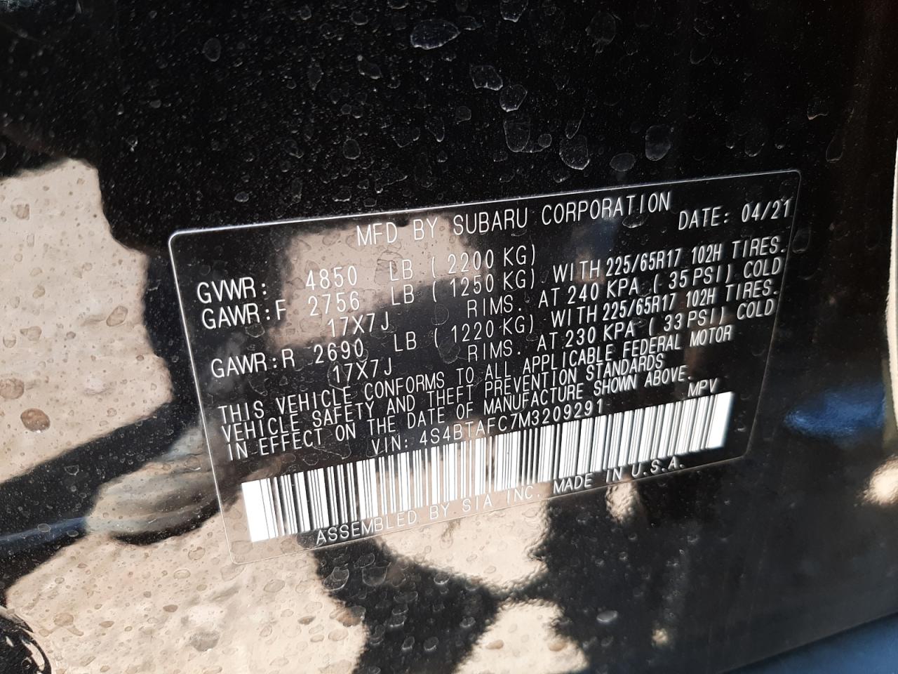 Photo 10 from auction – 2021 SUBARU OUTBACK PR with VIN 4S4BTAFC7M3209291